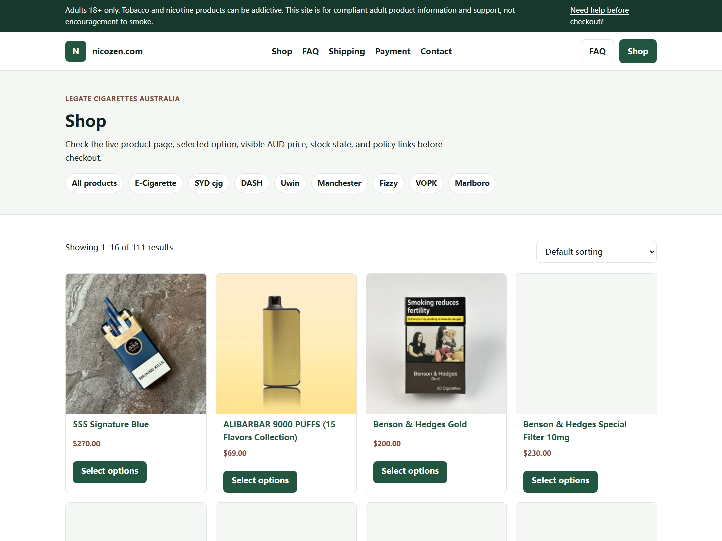 Nicozen shop or product list used for live page verification
